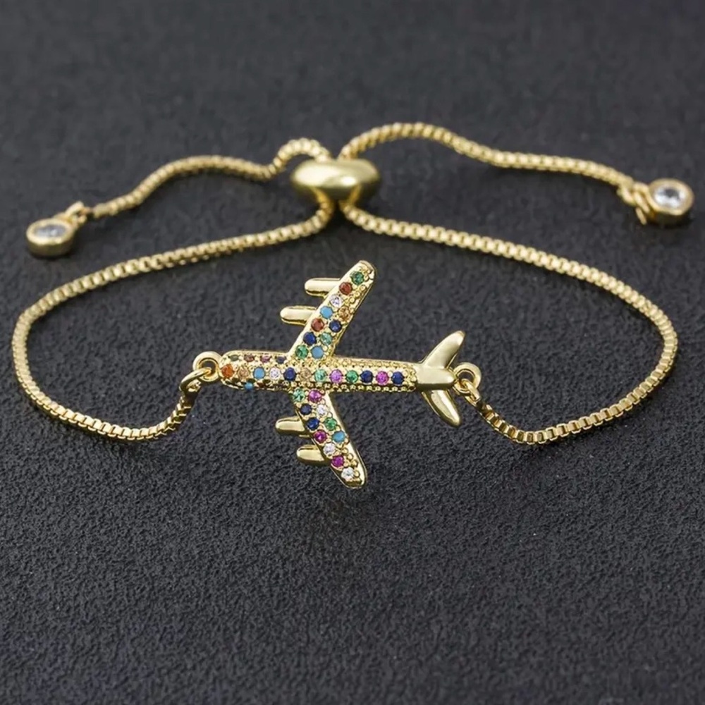 ✈️ New! Adjustable Gold Tone Airplane Bracelet, Copper w Multicolored CZ Stones